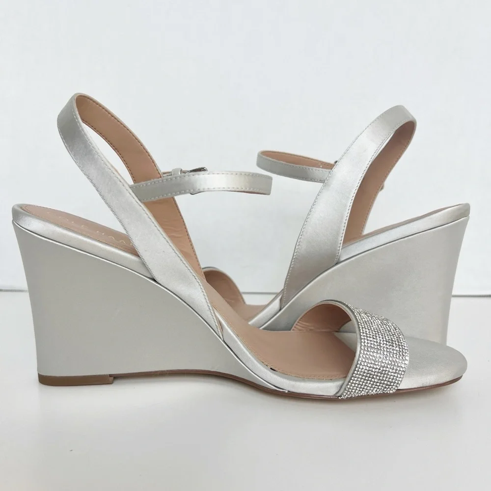 •COLE HAAN•‎ Josie Wedge Ankle Strap Sandal Heel Size 9.5B Gray Satin Crystals